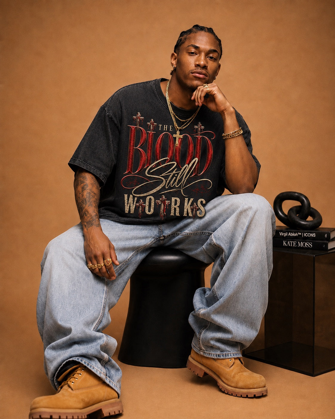 The Blood Still Works black tee on male model