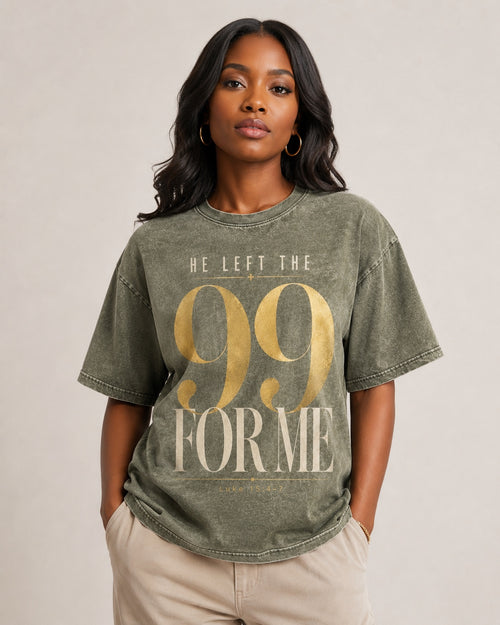 He Left the 99 For Me tee in olive on female model