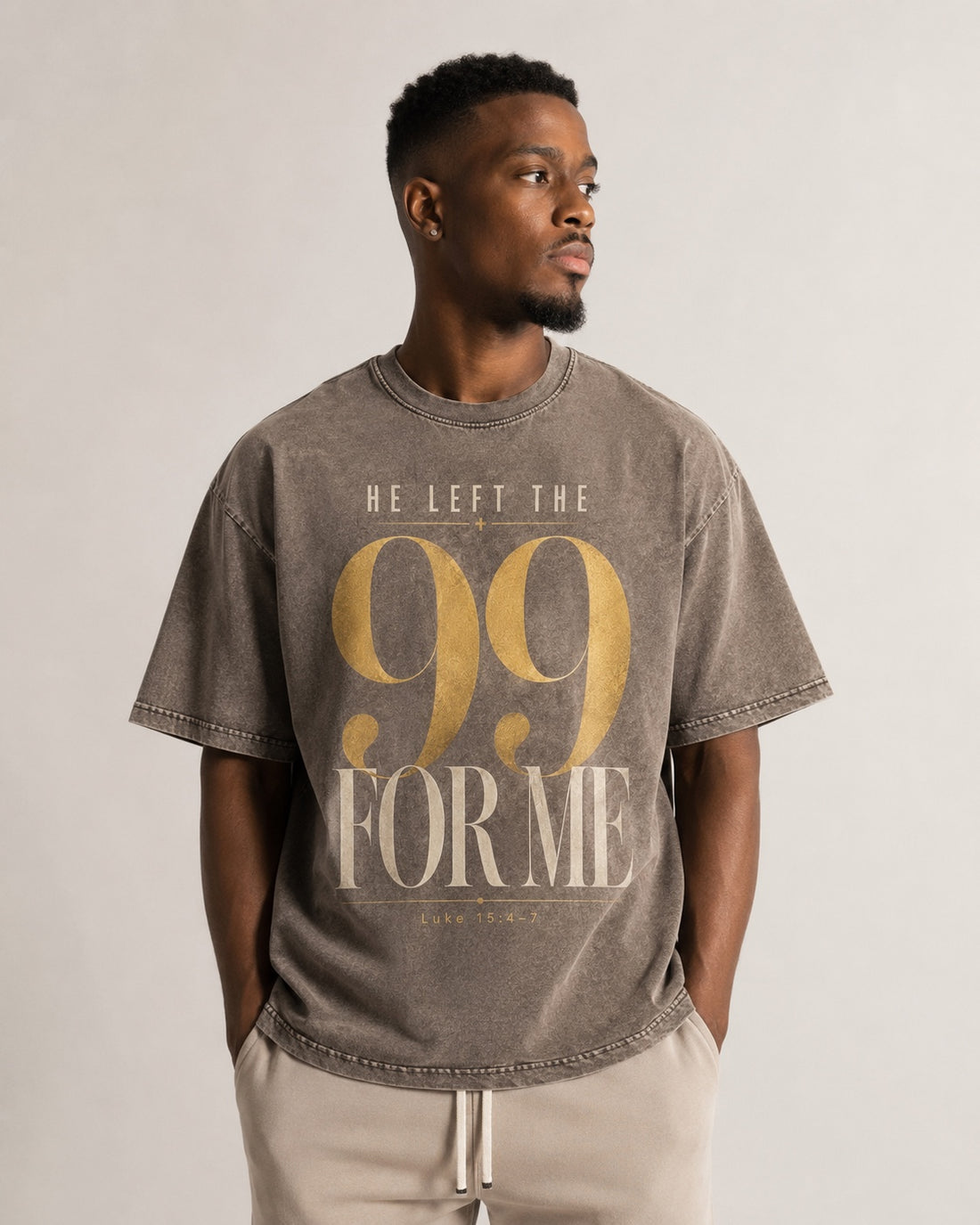 He Left the 99 For Me tee in taupe on male model